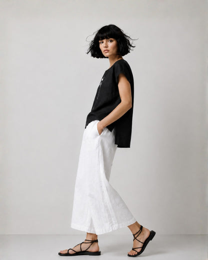 jen kahn Cave Print Linen Top shown from the side on model, highlighting the relaxed boxy shape and natural drape of the pure linen.