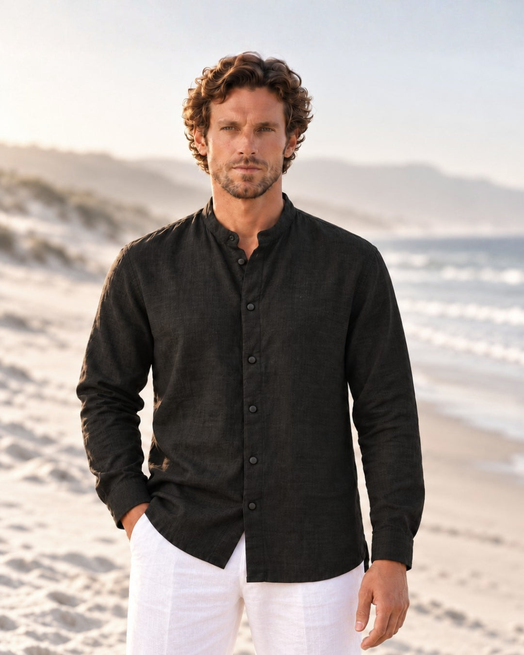 Jen Kahn Collarless Linen Shirt in black pure linen with round neckline and press-stud fastening