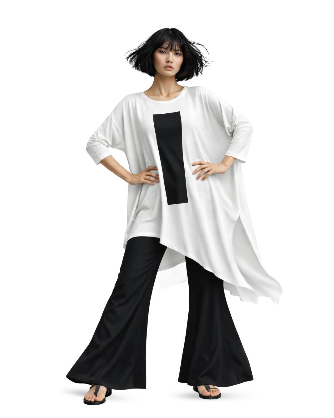 Jen Kahn column jersey knit top in white with vertical print worn on model