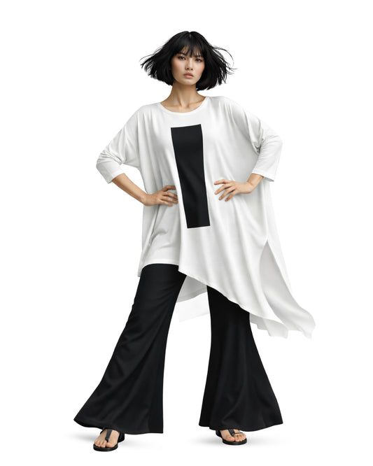 Jen Kahn column jersey knit top in white with vertical print worn on model