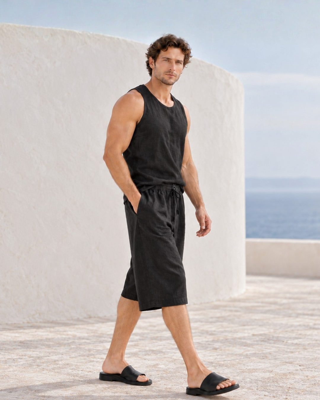Jen Kahn Cropped Drawstring Linen Pants in black pure linen with a drawstring waist and cropped length.