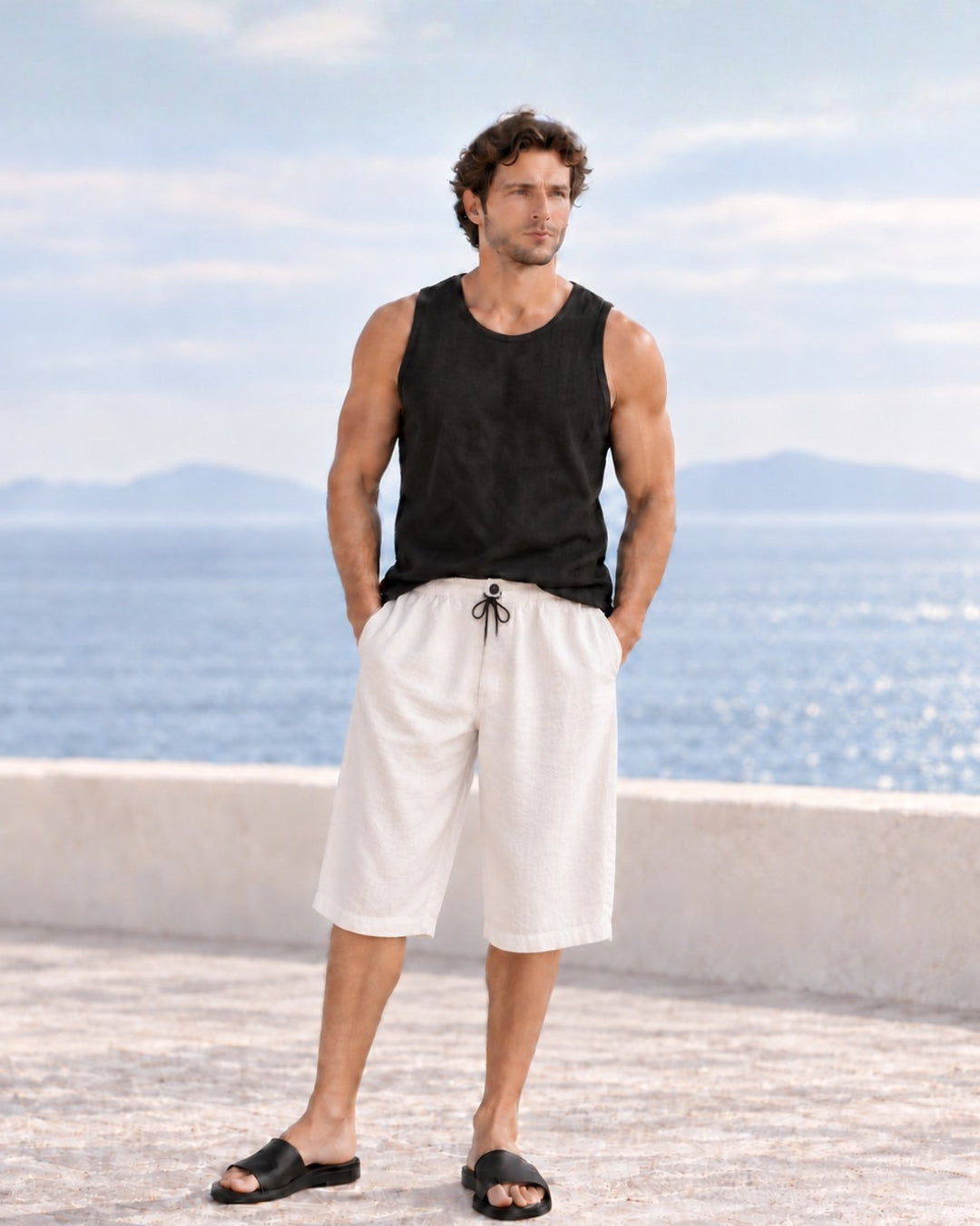 Jen Kahn Cropped Drawstring Linen Pants in white pure linen with a drawstring waist and cropped length.