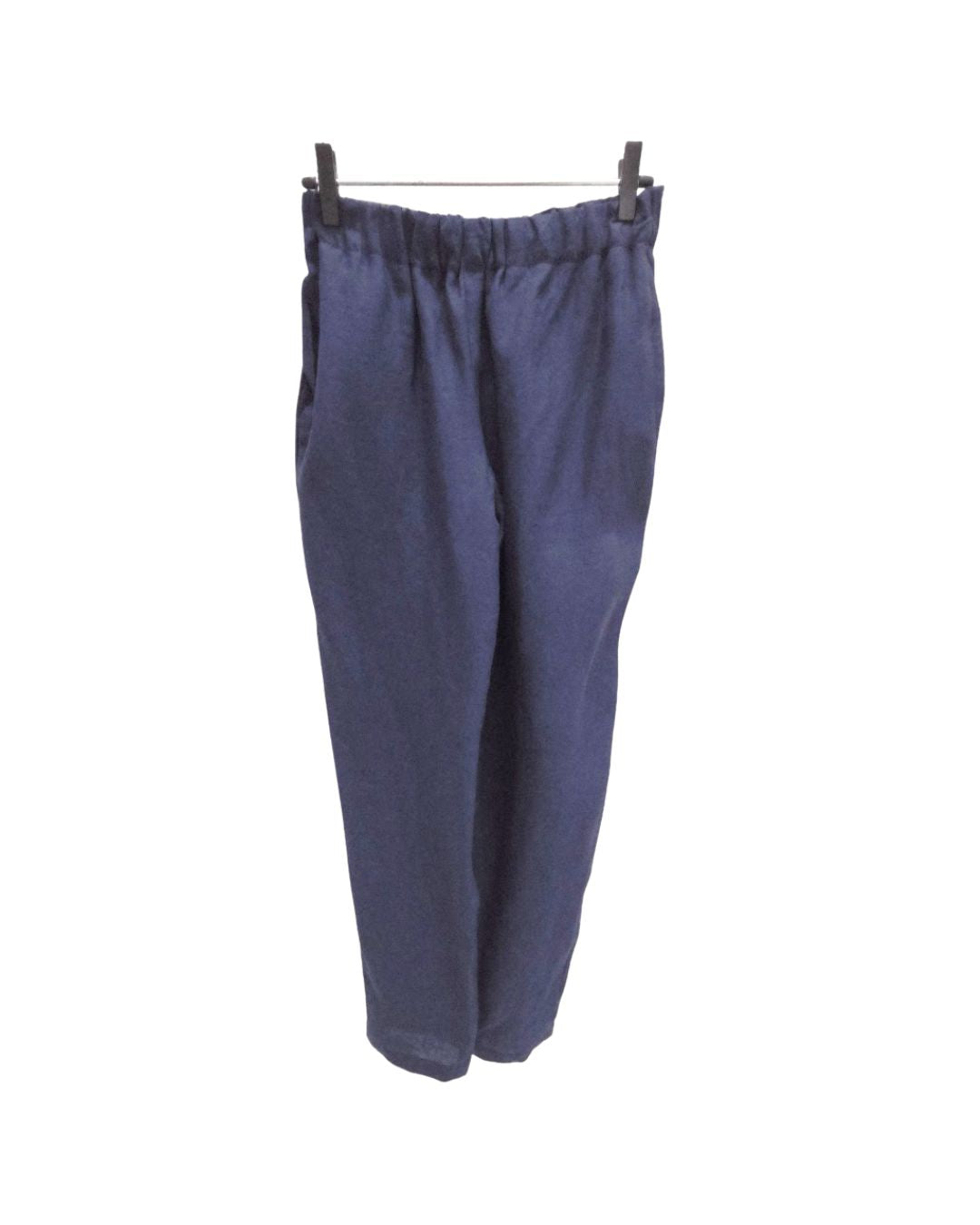 Jen Kahn Cropped Linen Pants in Indigo pure linen on hanger, with a straight cropped leg and elasticated waistband.
