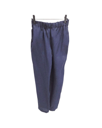 Jen Kahn Cropped Linen Pants in Indigo pure linen on hanger, with a straight cropped leg and elasticated waistband.