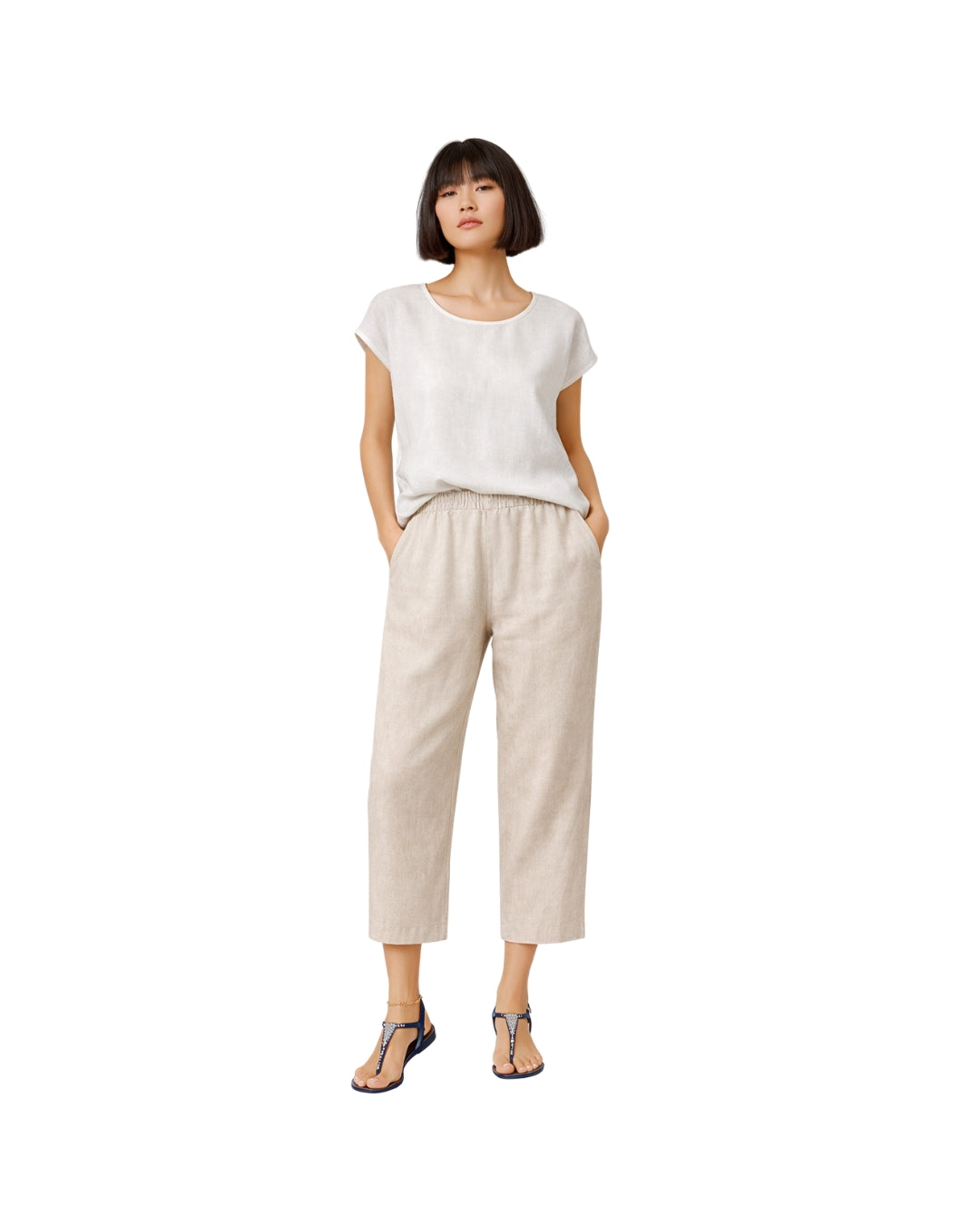 Jen Kahn cropped linen pants in natural worn on model with straight leg and mid-rise waist