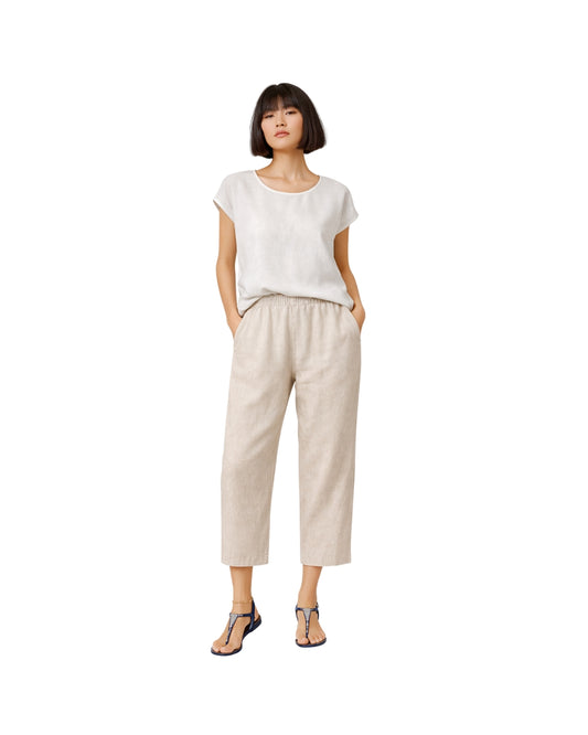 Jen Kahn cropped linen pants in natural worn on model with straight leg and mid-rise waist