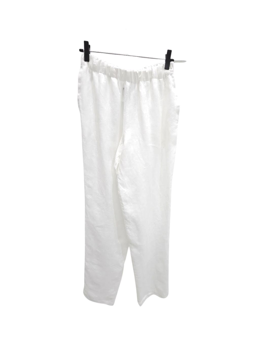 Jen Kahn Cropped Linen Pants in White pure linen on hanger, with a straight cropped leg and elasticated waistband.