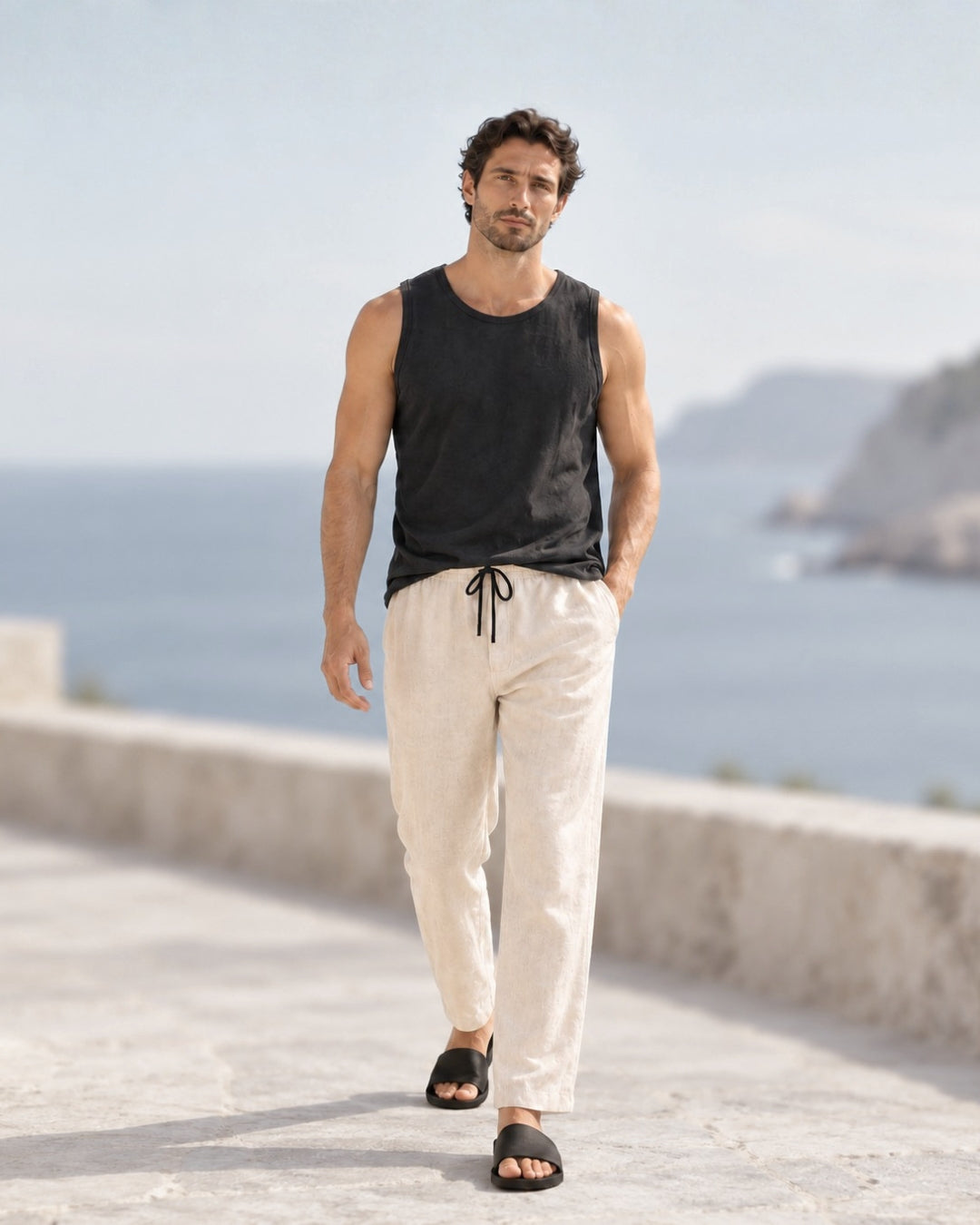 Jen Kahn Drawstring Linen Pants in Natural pure linen with an adjustable drawstring and relaxed straight-leg cut.
