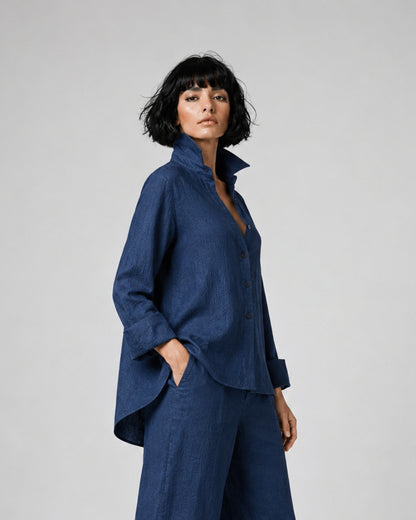 Jen Kahn Flared Linen Shirt in Indigo pure linen with a fitted bust, flared shape, button-through front and longer rounded back hem.