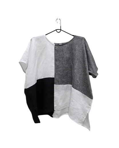 Jen Kahn four panel blocked linen top in melange, black and white linen