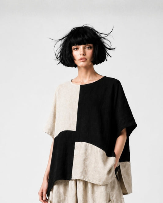 Jen Kahn Four Panel Blocked Linen Top in Natural and Black pure linen with a relaxed shape, wide neckline and contrasting panel construction