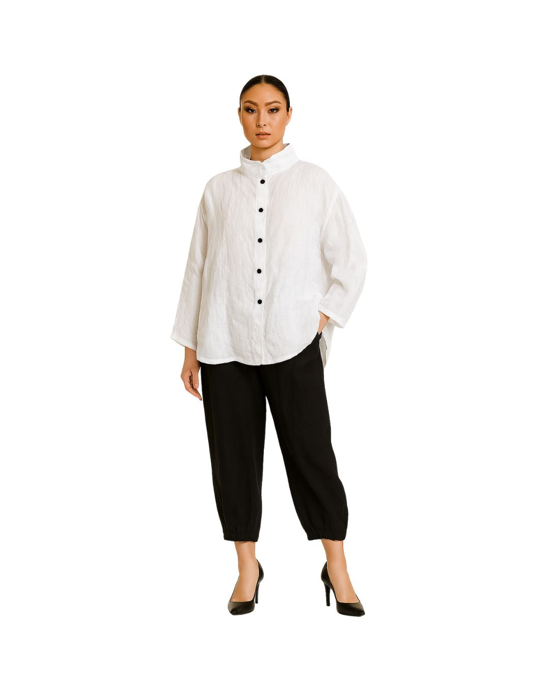 Jen Kahn high collar linen shirt in white worn on model with press-stud fastening and long sleeves