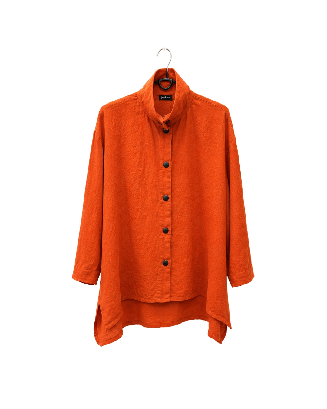 jen kahn High Collar Linen Shirt in Tangerine – relaxed pure linen shirt with press-stud fastening