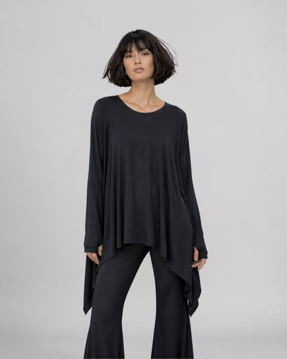 jen kahn Jersey Knit Mitten Top in Black with long integrated mitten sleeves, a relaxed fluid fit and asymmetric pointed hem.