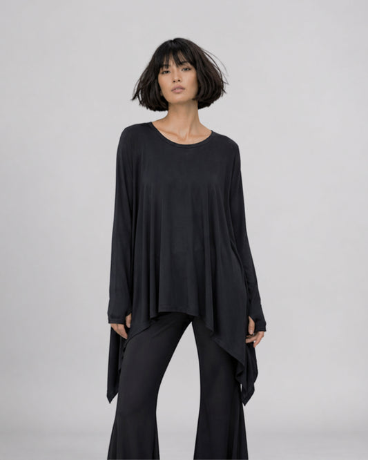 jen kahn Jersey Knit Mitten Top in Black with long integrated mitten sleeves, a relaxed fluid fit and asymmetric pointed hem.