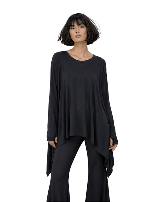 Jen Kahn jersey knit mitten top in black with asymmetric hem and extended sleeves