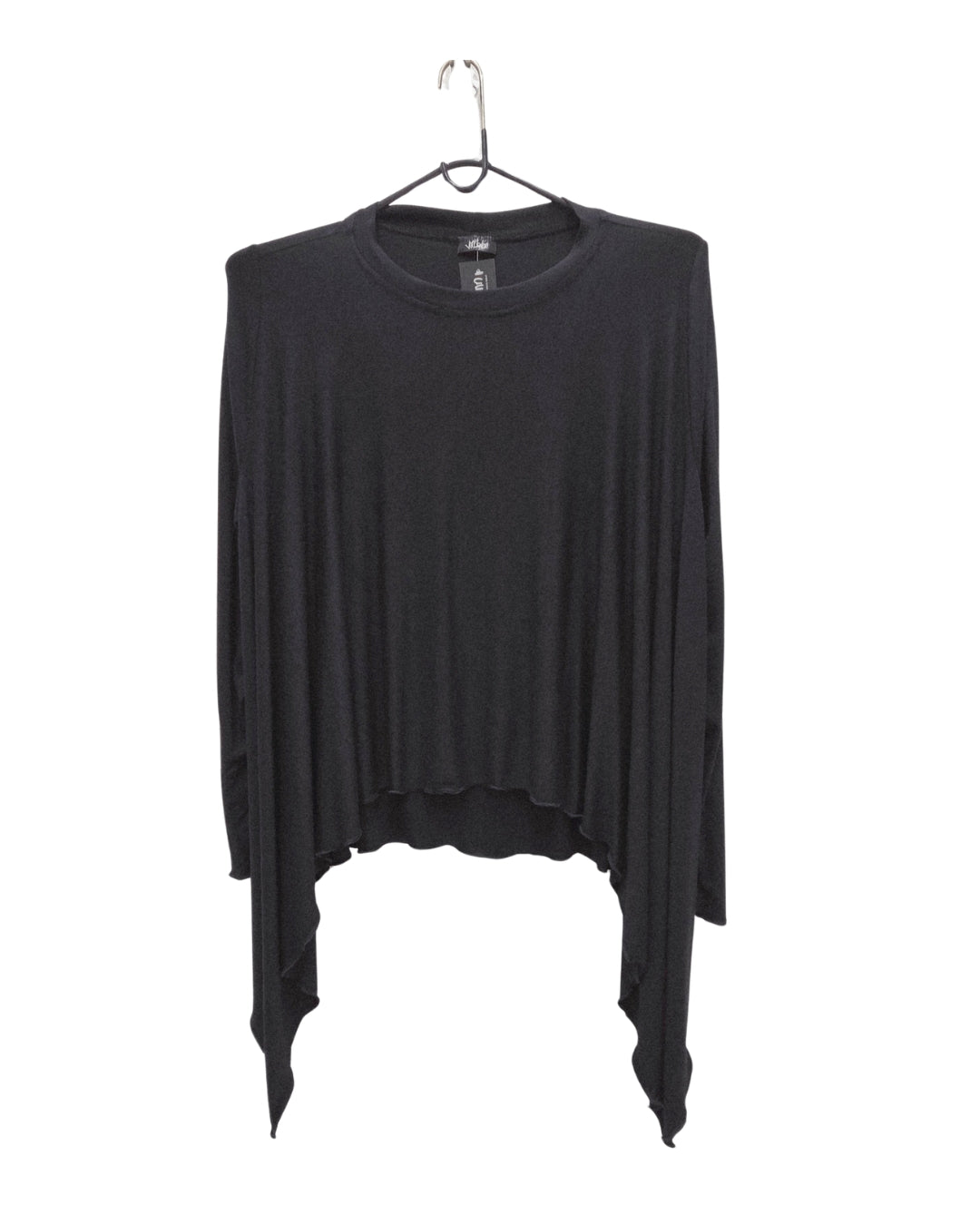 Jen Kahn black jersey knit mitten top with long sleeves and pointed hem