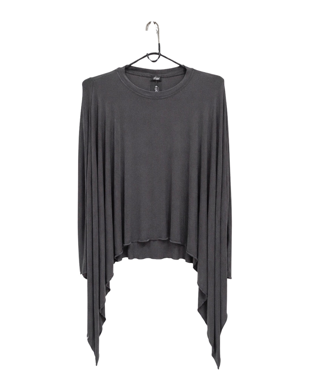 Jen Kahn jersey knit mitten top in charcoal with asymmetric hem and extended sleeves