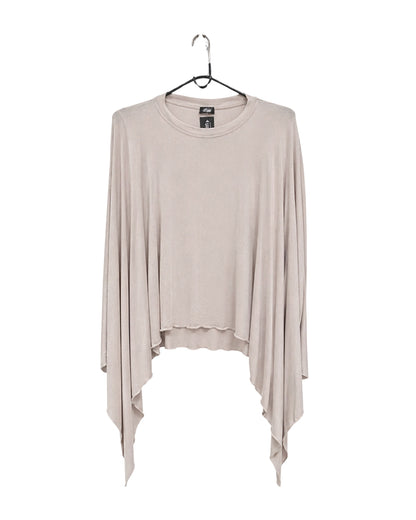 Jen Kahn jersey knit mitten top in stone with asymmetric hem and built-in mitten sleeves