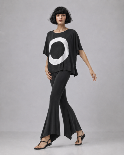 jen kahn Jersey Knit Pointed Pants in Black with a fitted upper leg, fluid flare and distinctive pointed hem, styled with the Zen Jersey Knit Top.