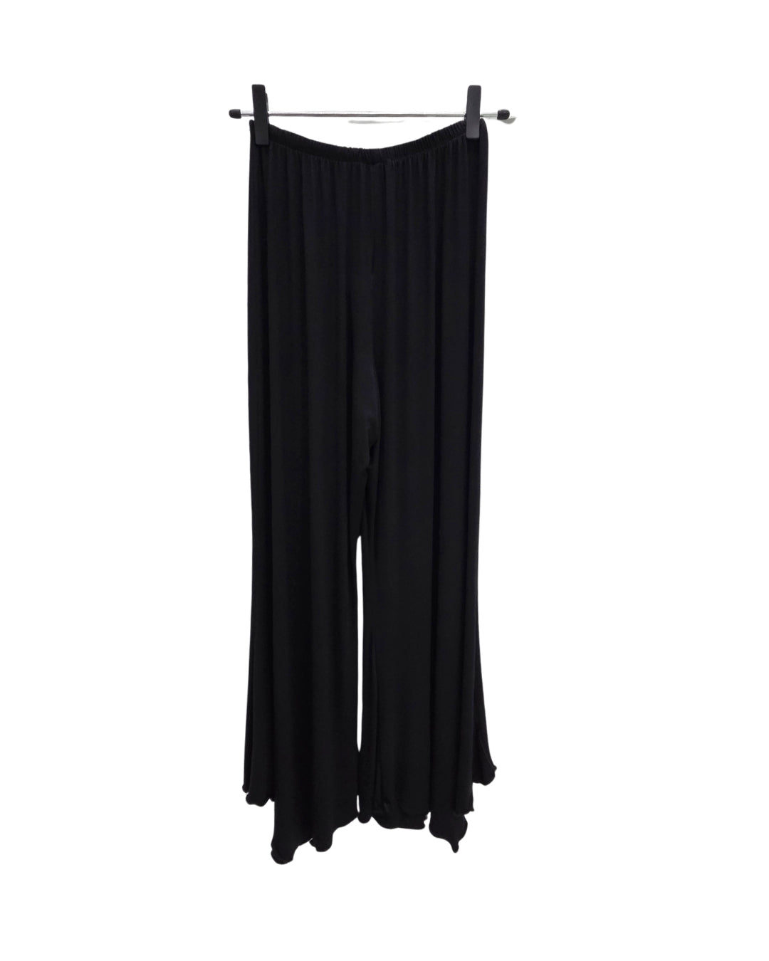 Jen Kahn black jersey knit pointed pants with flared hem and elastic waistband