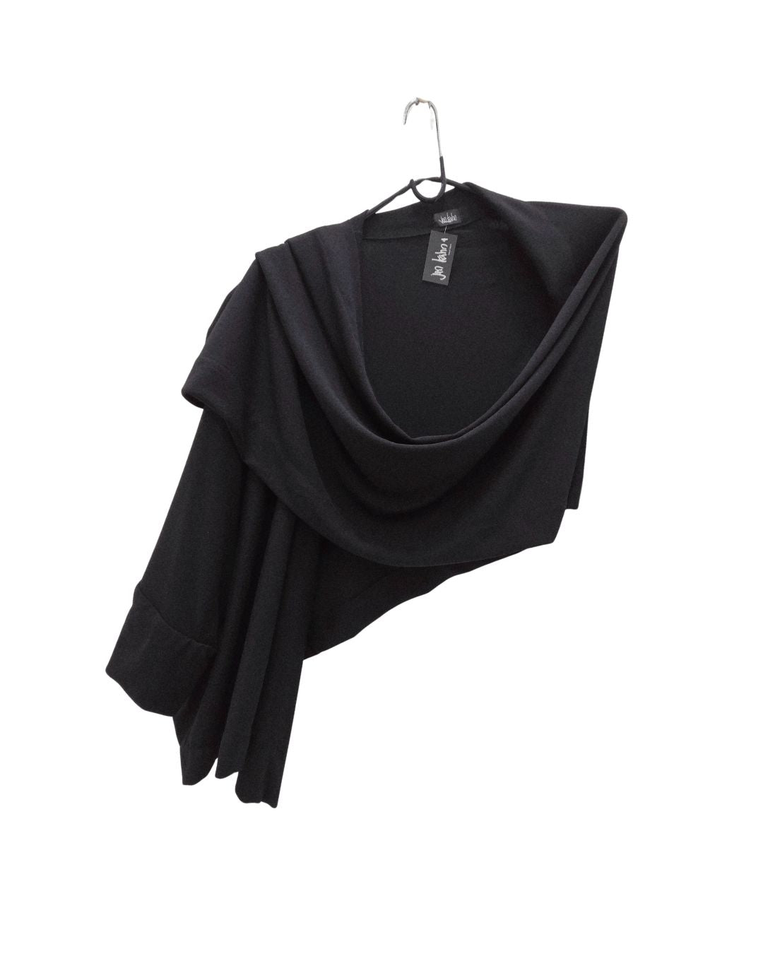 jen kahn Kimono Wrap wool blend in Black — thrown over shoulder