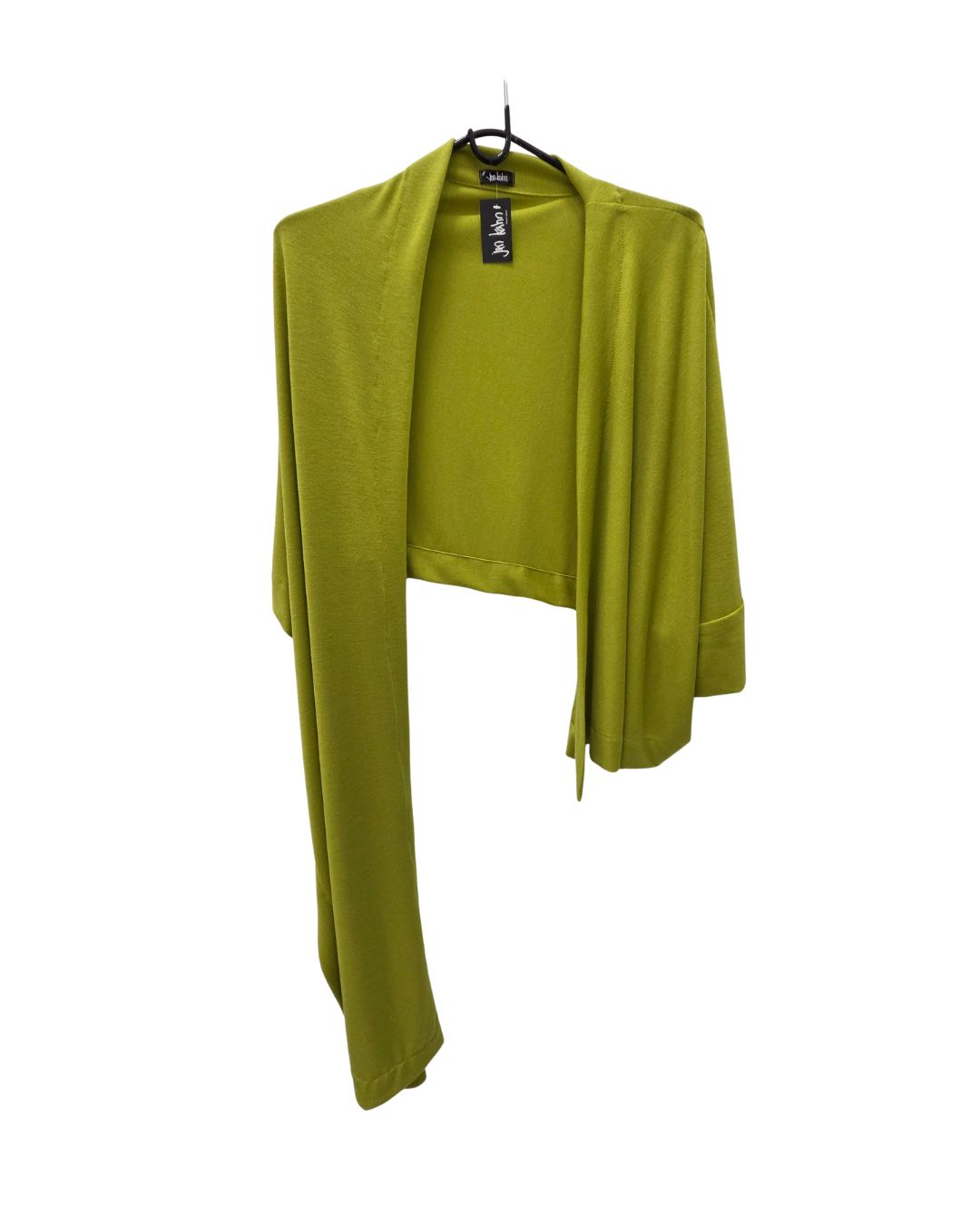 Jen Kahn kimono wrap in pistachio wool blend draped over shoulders