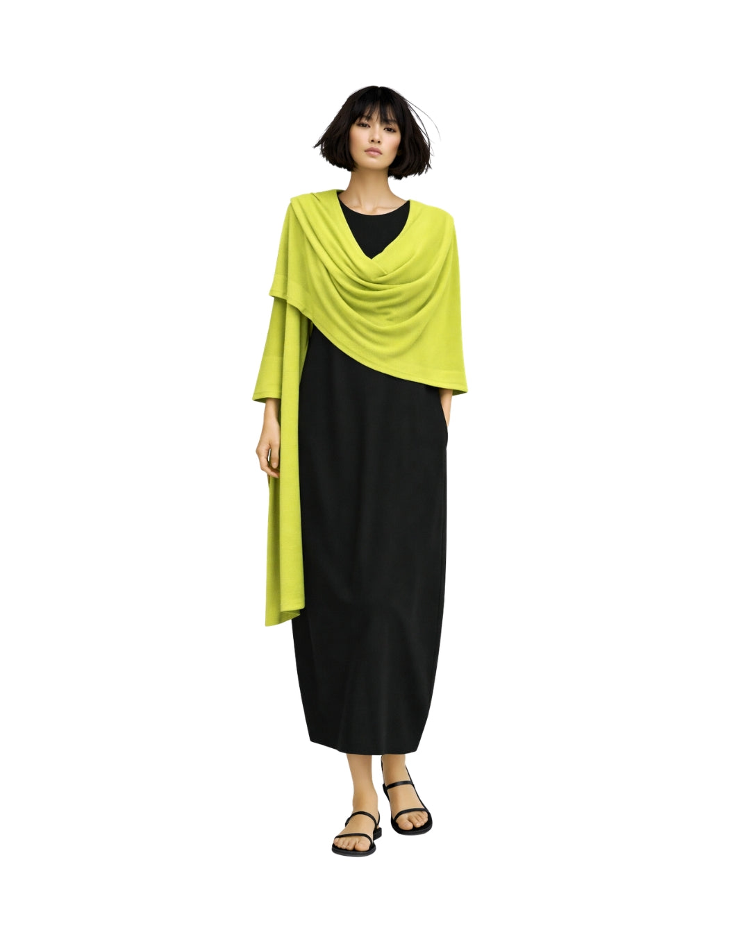 jen kahn Kimono Wrap in pistachio on modle. Wool mix wrap with single-sleeve