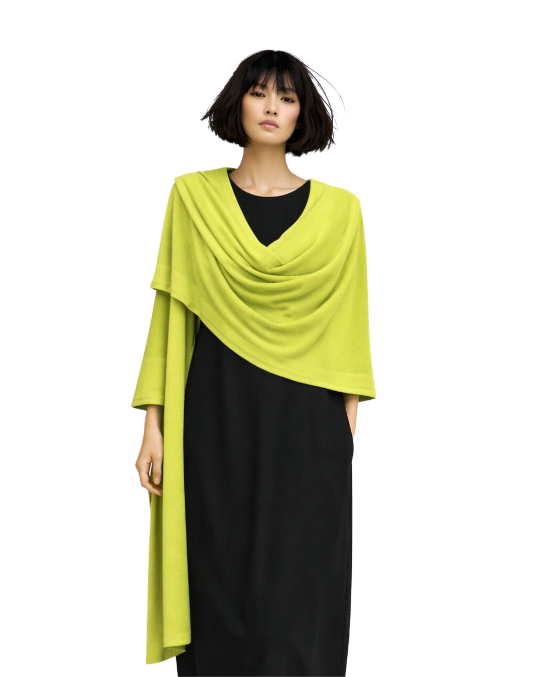 Jen Kahn kimono wrap in pistachio wool blend draped over shoulders