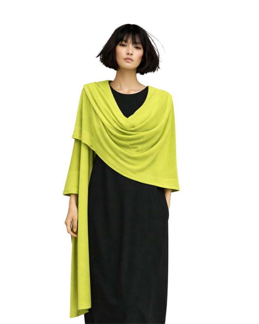 Jen Kahn kimono wrap in pistachio wool blend draped over shoulders