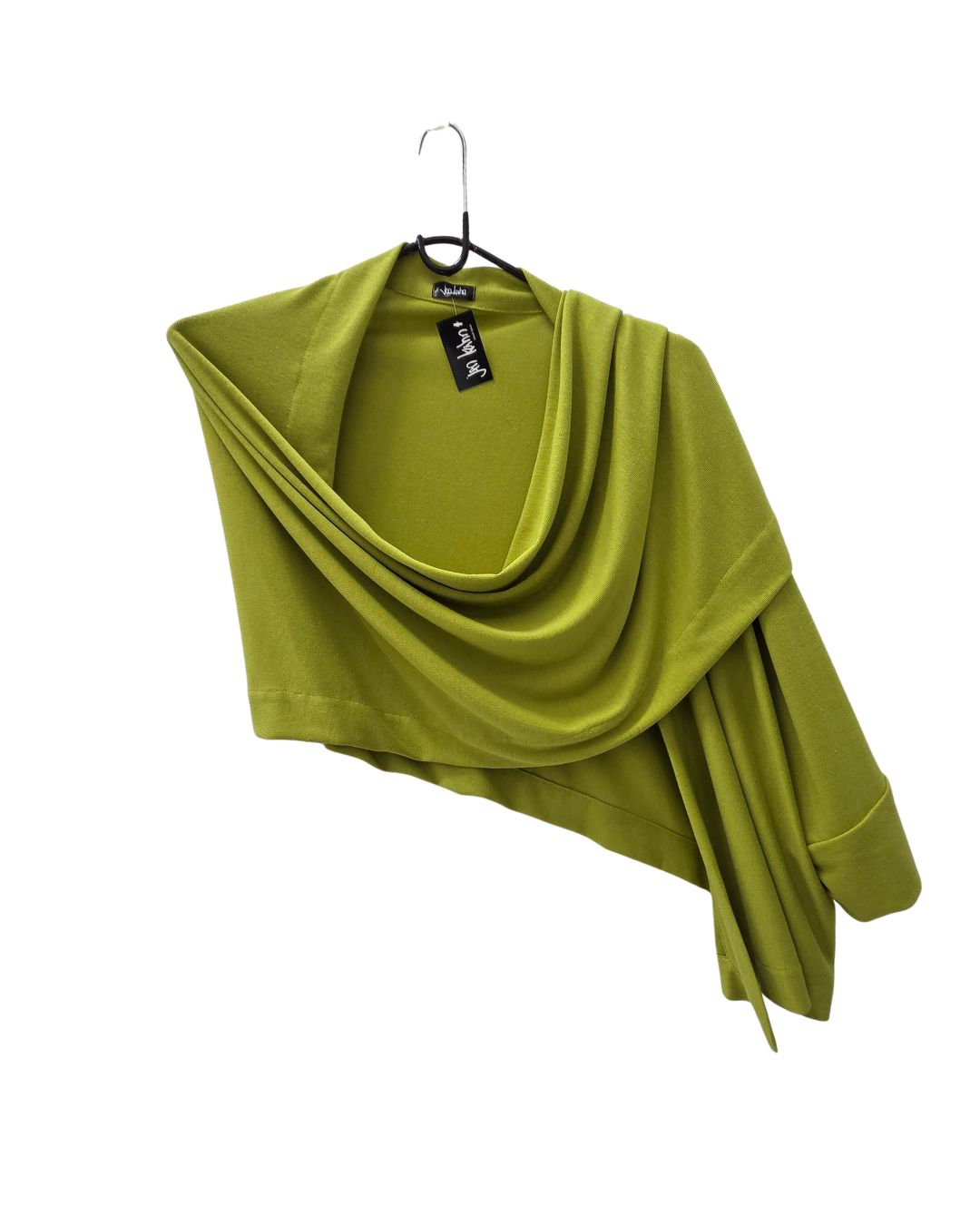 Jen Kahn kimono wrap in pistachio wool blend  thrown over shoulder