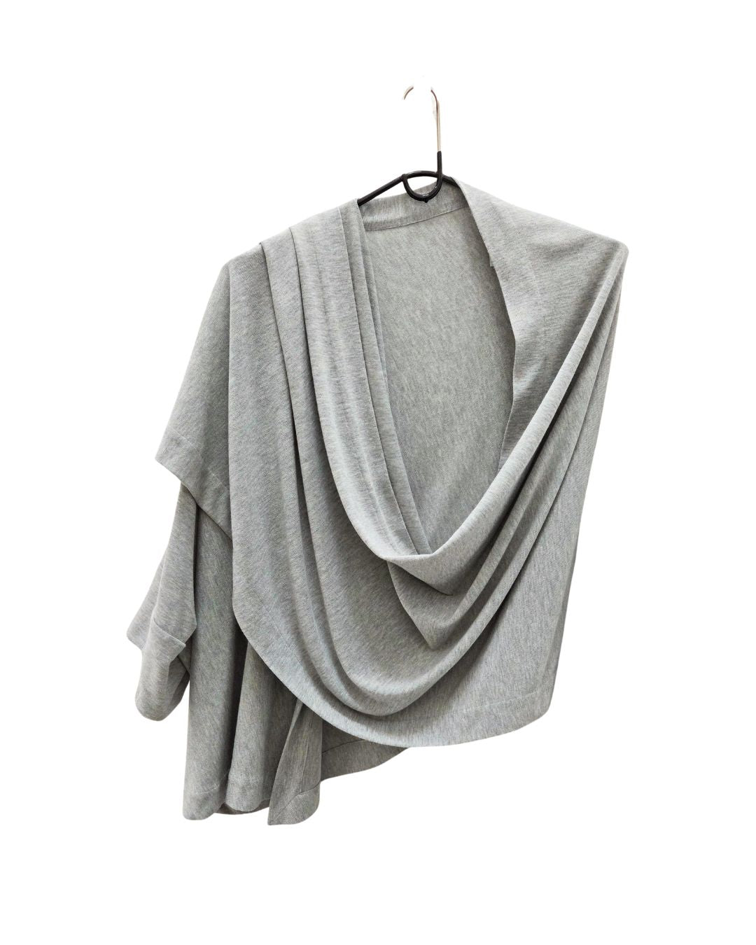 jen kahn Kimono Wrap wool blend in Silver Grey — thrown over shoulder.