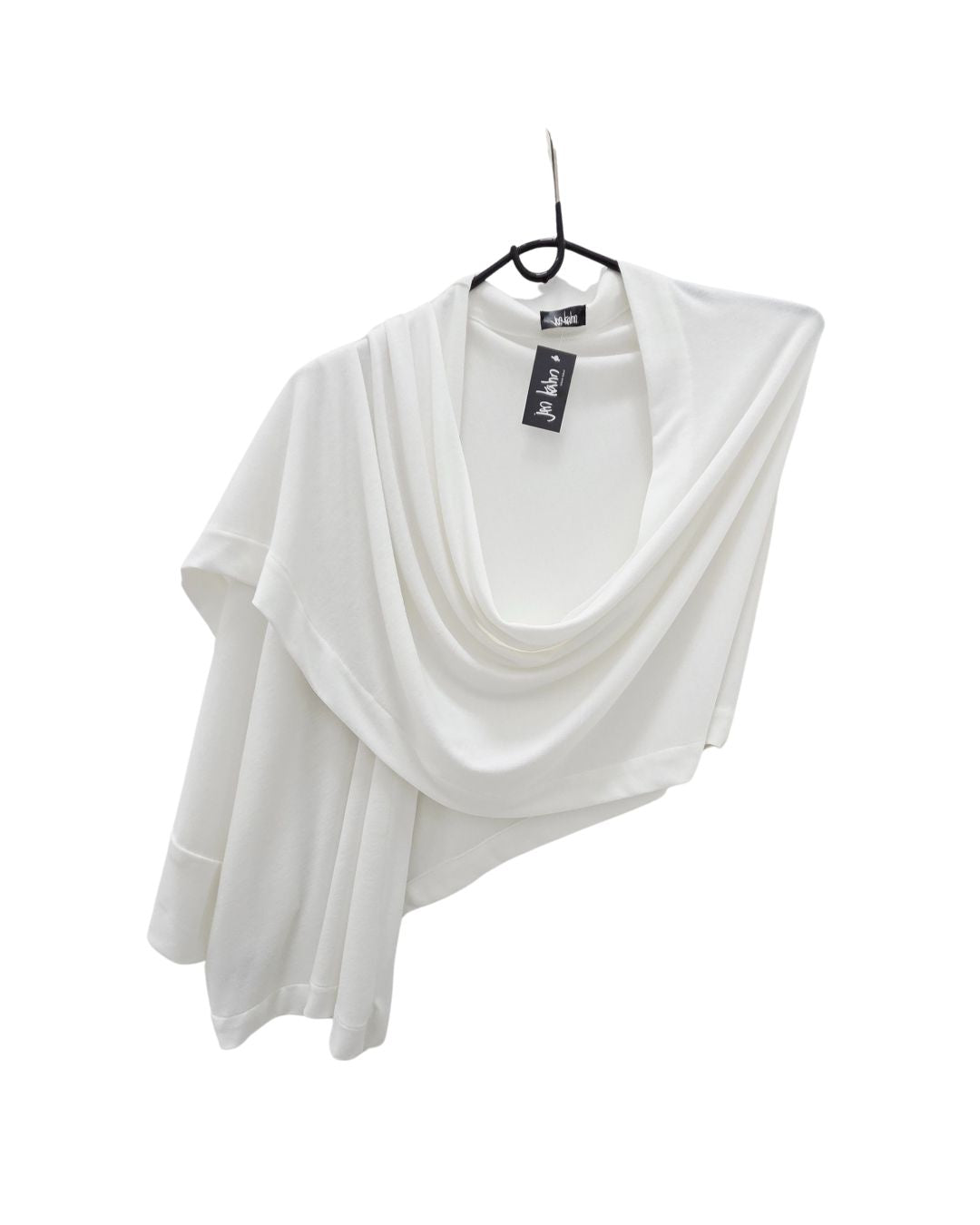 Jen Kahn kimono wrap in white wool blend thrown over shoulder