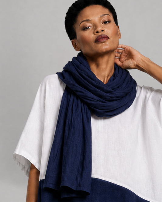 model wearing jen kahn Large Linen Scarf – oversized wraped around her neck