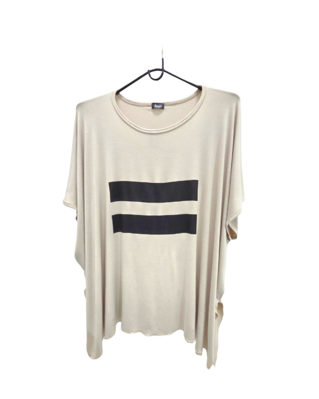 Jen Kahn linear jersey knit top in Stone with black graphic print.
