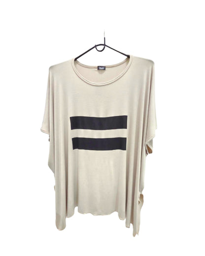 Jen Kahn linear jersey knit top in Stone with black graphic print.
