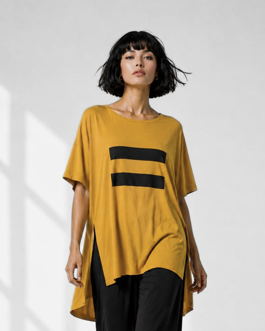 Jen Kahn Linear Jersey Knit Top in Ochre with black graphic print