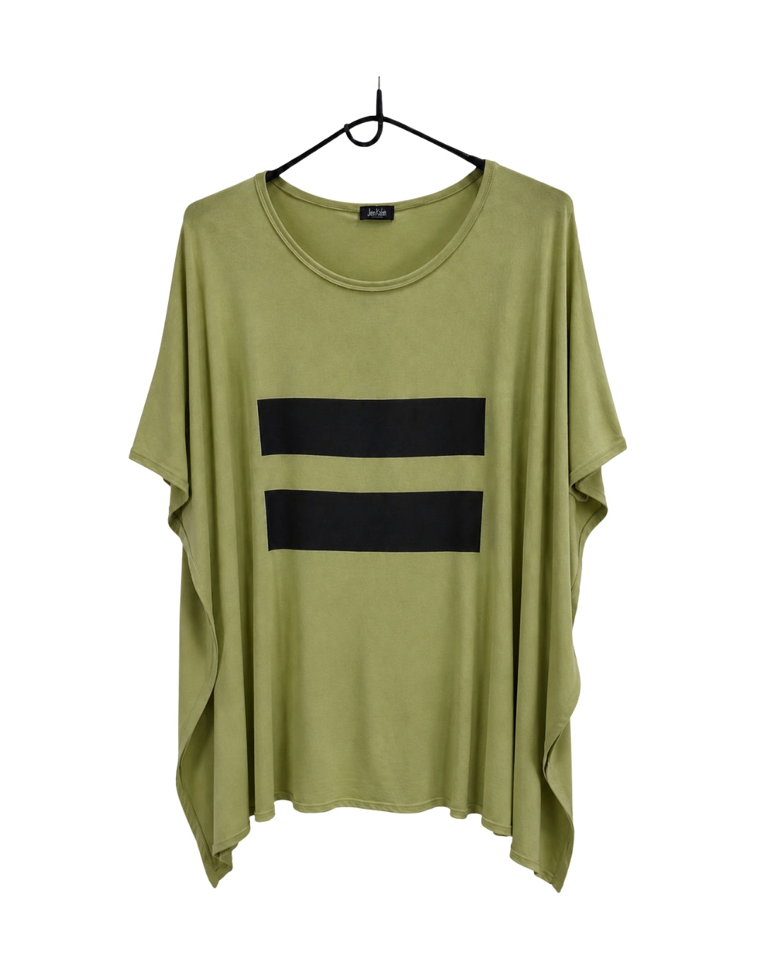 Jen Kahn Linear Jersey Knit Top in Pistachio with black linear print, shown on a hanger.