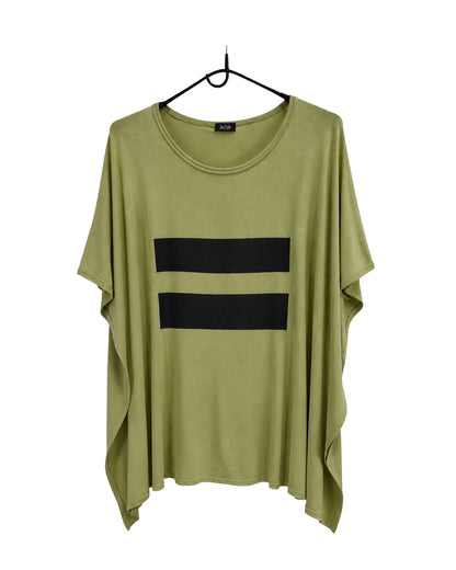 Jen Kahn Linear Jersey Knit Top in Pistachio with black linear print, shown on a hanger.