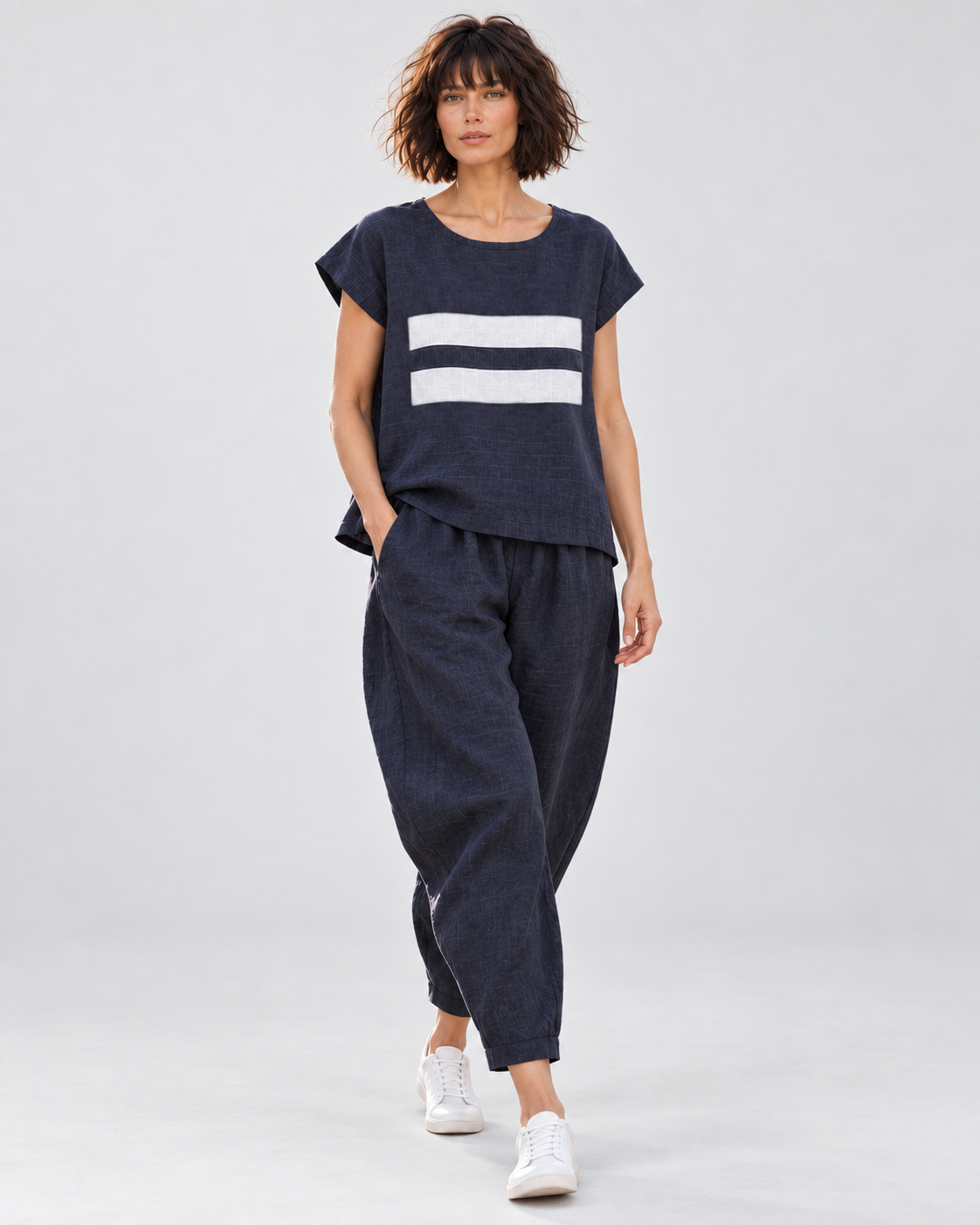Jen Kahn Linear Linen Top in Eclipse pure linen with white linear print, styled with matching Tokyo linen trousers on a model.