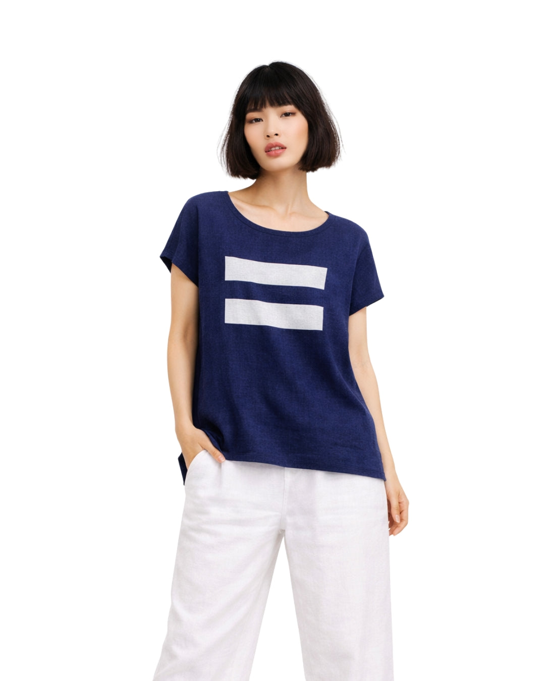 Jen Kahn linen top in eclipse linen with white linear stripe print worn on model 