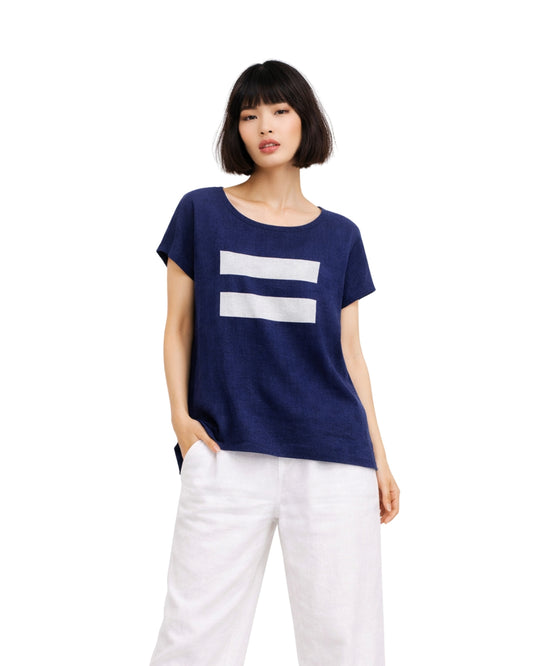 Jen Kahn linen top in eclipse linen with white linear stripe print worn on model 