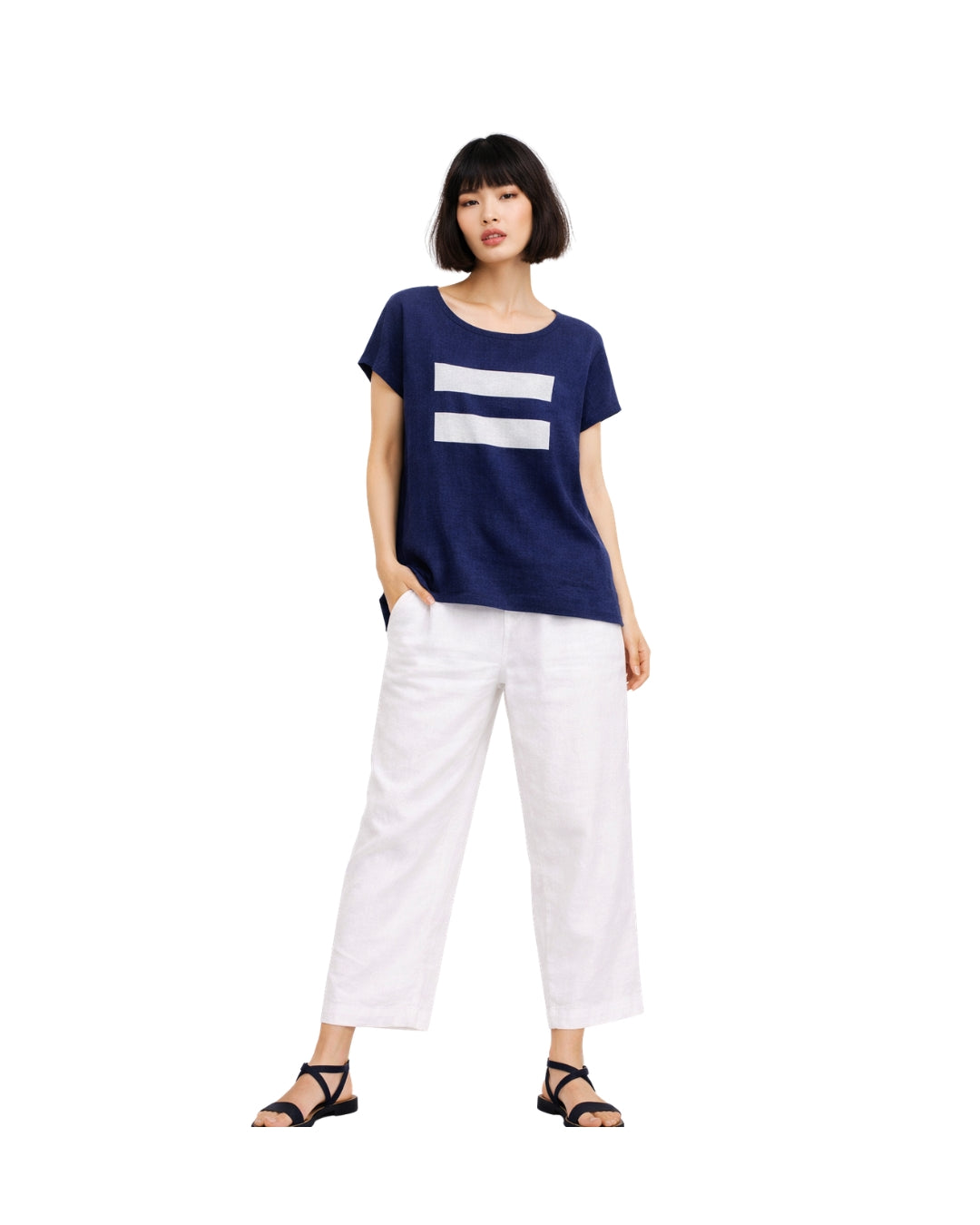 Jen Kahn linear linen top in eclipse with white linear stripe print worn on model 