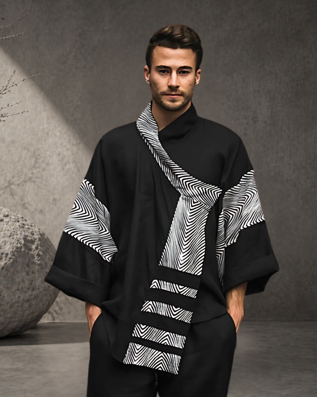 Jen Kahn Linen Asian Jacket in black pure linen with open front and wide sculpted sleeves