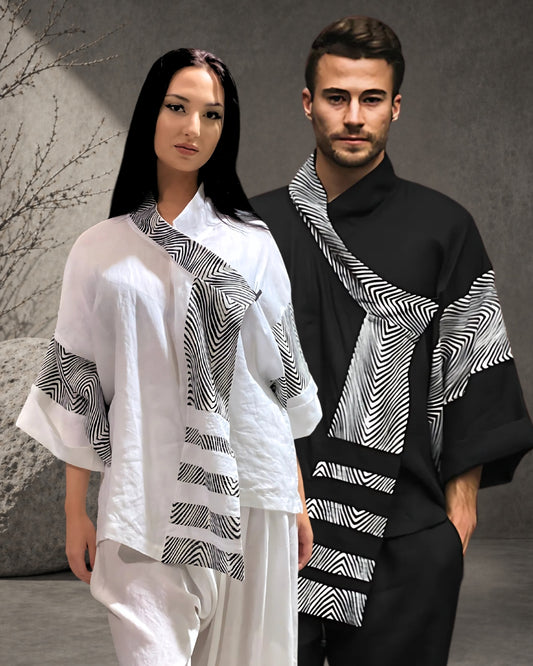 Jen Kahn Linen Asian Jacket in black and white pure linen shown on male and female models