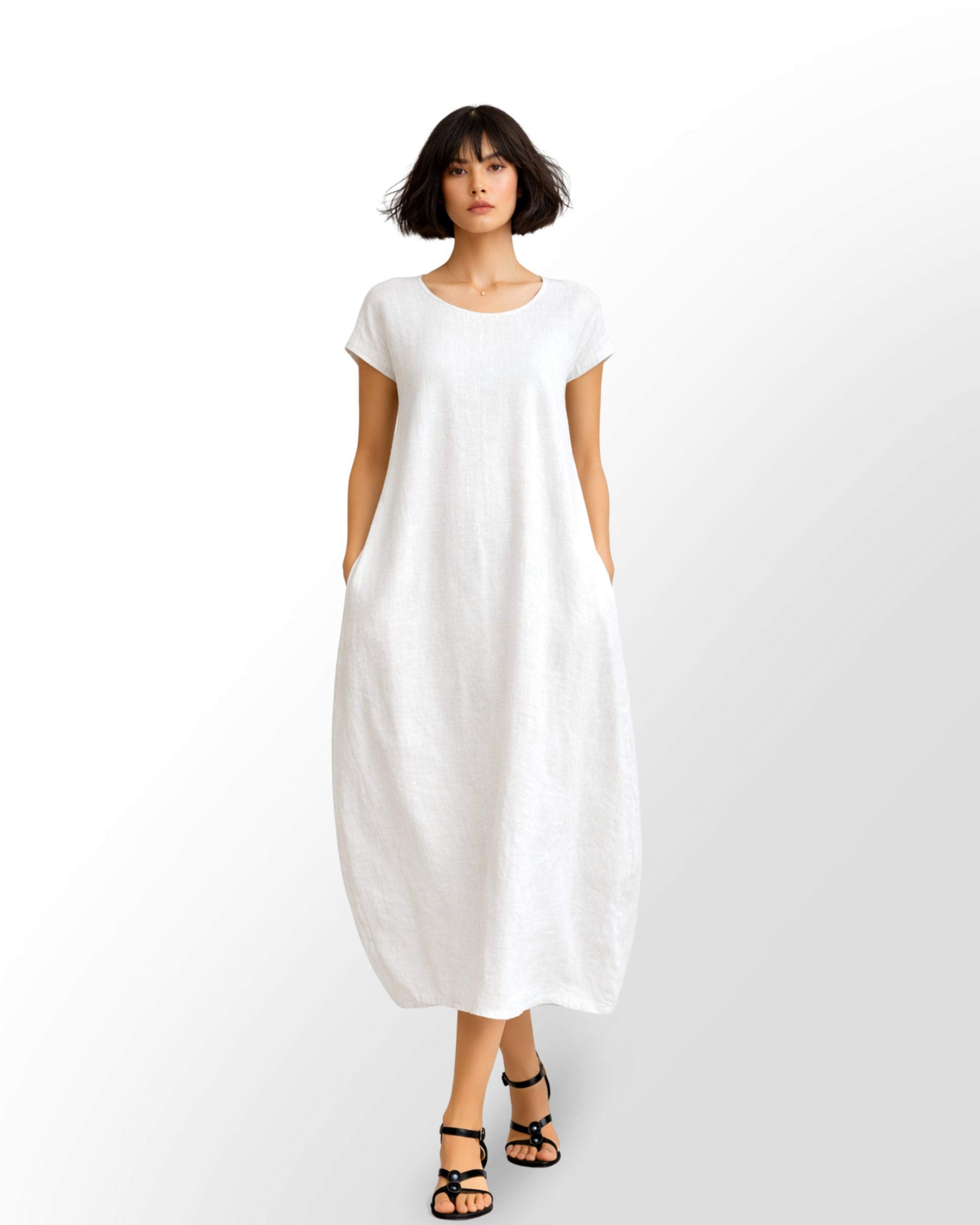 jen kahn Linen Cap Sleeve Bell Dress in White, made from pure linen with a softly rounded neckline, cap sleeves and relaxed bell silhouette.