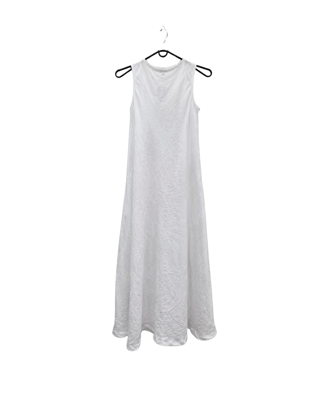 Back view of the jen kahn Linen Cruise Dress in White pure linen on hanger, showing the sleeveless design and long flowing shape.