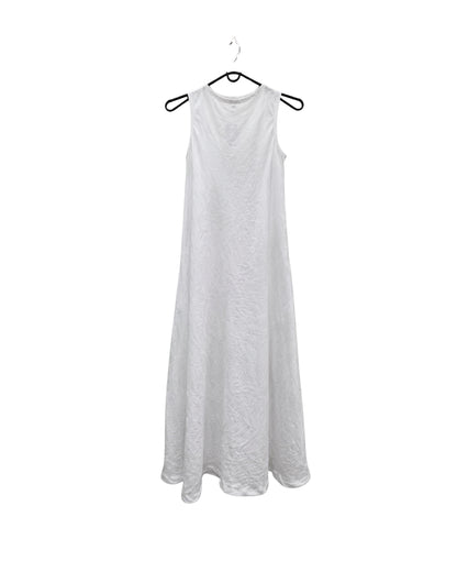 Back view of the jen kahn Linen Cruise Dress in White pure linen on hanger, showing the sleeveless design and long flowing shape.