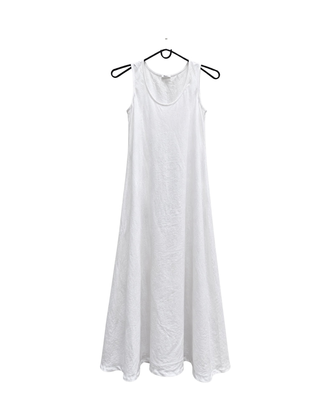 jen kahn Linen Cruise Dress in White pure linen on hanger, showing the scoop neckline, sleeveless design and long flowing shape.