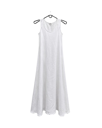 jen kahn Linen Cruise Dress in White pure linen on hanger, showing the scoop neckline, sleeveless design and long flowing shape.